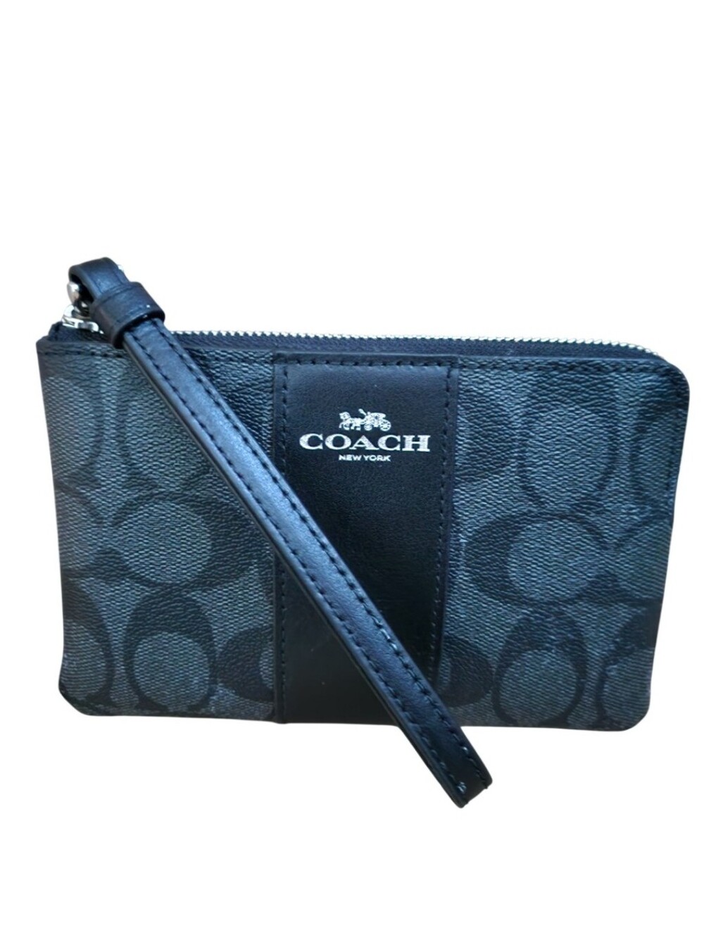 Coach Signature Grey and Black Corner Zip Wristlet